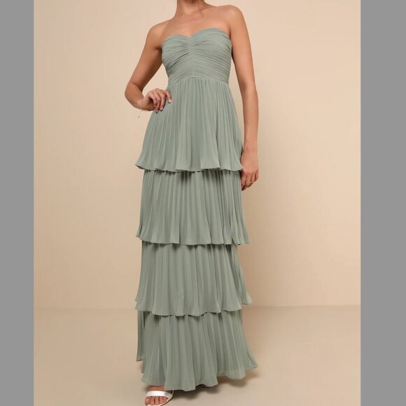 Lulus Sage Maxi Seriously Sensational Sage Brush Strapless Tiered Maxi Dress - Picture 1 of 6